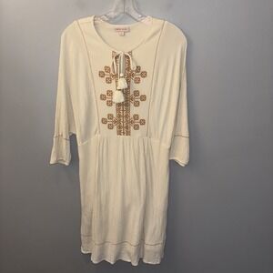 Knox Rose smock boho dress‎ Ivory Embroidery Tassels 3/4 Sleeves Women's Sz S